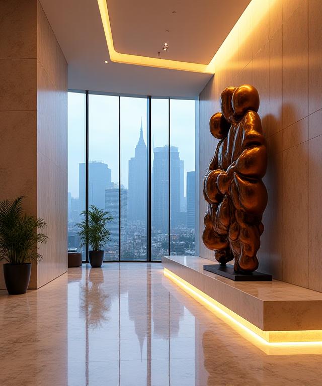 Modern luxury hotel lobby featuring investment-grade abstract sculpture